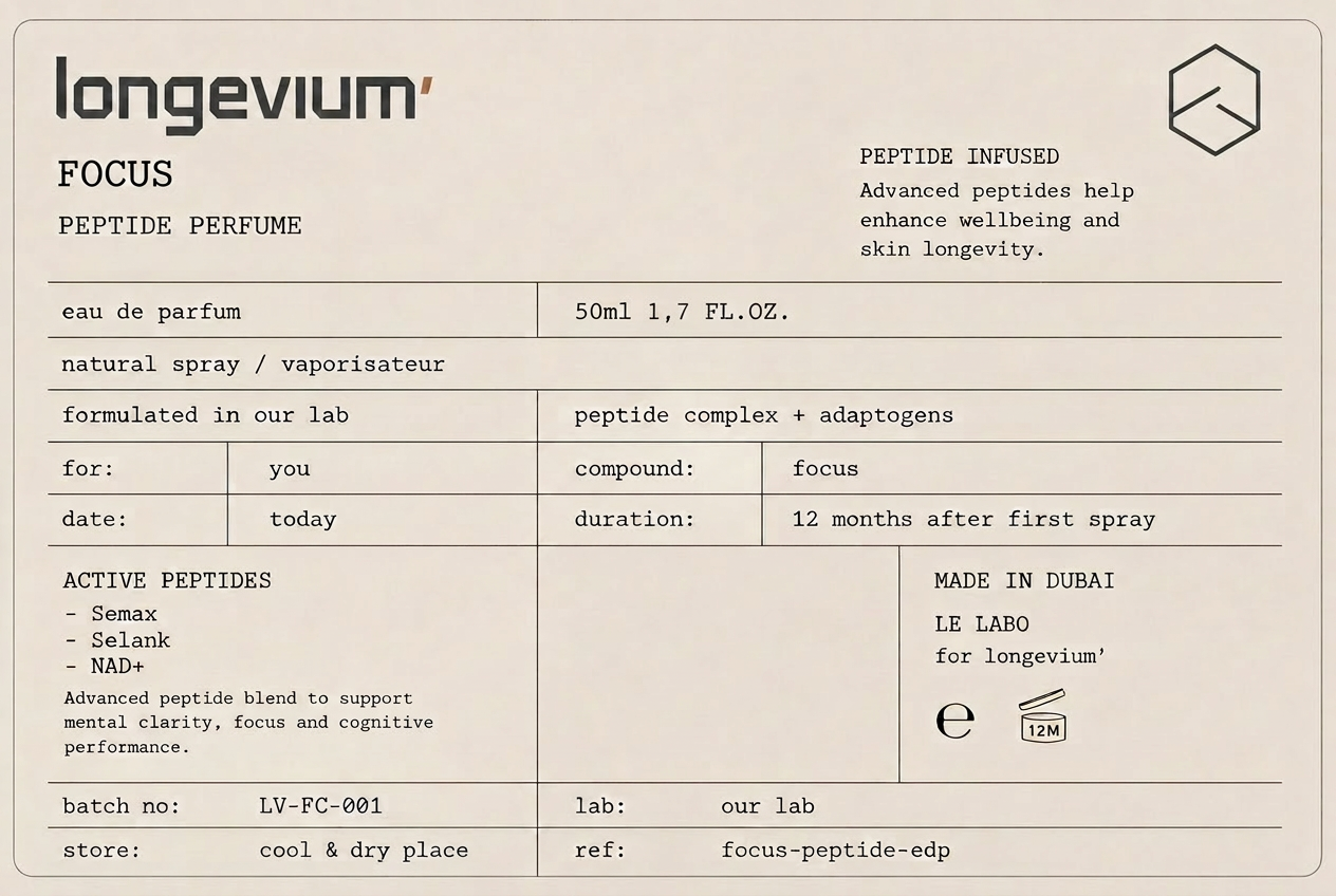 longevium' FOCUS peptide perfume label with full formulation details